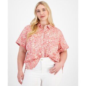 Tommy Hilfiger Cotton Cuffed-Sleeve Camp Shirt Mineral Red Plus Size 2X MSRP $60